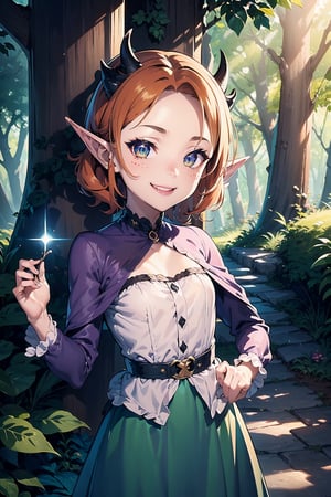 Imagine a female child with short fluffy and messy curly bright orange hair. She has small breasts and is a lolita. Her eyes are a bright shade of green, sparkling with intricate detail and a hit on magic. She has pointed elf ears. She has two short horns on her head. She has an evil smile on her face that shows she's up to no good. She has warm freckles on her face. She wears a white button up long sleeve top and a long purple skirt and long green trench coat with lots of pockets. She is practicing magic that sparkles around her. The background is a charming forest path in the enchanted woods with bright lighting, creating a magical ambiance. This artwork captures the essence of mischief and magic against the backdrop of a beautiful setting. detailed, detail_eyes, detailed_hair, detailed_scenario, detailed_hands, detailed_background, vox machina style,vox machina style,fantai12