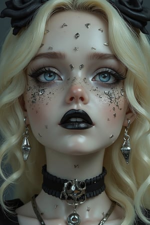 best quality, a goth girl, blonde hair, blue eyes, metallic adornments in the face, silver earings, black lipstick, insanely detailed eyes,pcv figure,