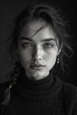 Genera un retrato en blanco y negro, inspirado en el estilo fotográfico de Peter Lindbergh, de una mujer joven mirando directamente a la cámara con una expresión íntima y profunda. La **iluminación** debe ser suave y natural, evitando perfección exagerada, y enfocándose en capturar la esencia humana y la belleza natural de la mujer. Las sombras y luces deben acentuar las líneas y texturas del rostro, destacando su expresión emocional y vulnerable. El rostro de la mujer está desprovisto de maquillaje o con un toque muy sutil, resaltando la autenticidad y la imperfección que Lindbergh valoraba en sus retratos.

Los **detalles precisos** incluyen una mirada profunda, con ojos que transmiten historia, fuerza y fragilidad al mismo tiempo. Su cabello está ligeramente despeinado, cayendo de manera descuidada alrededor de su rostro, dándole un aspecto natural y sin artificios. La expresión de sus labios es relajada, con una leve separación que añade un toque de naturalidad y espontaneidad. La textura de su piel, con todas sus pequeñas imperfecciones, poros y arrugas sutiles, debe ser capturada fielmente, realzando la belleza real sin retoques ni filtros.

El **fondo** es simple y desenfocado, típicamente neutro, con tonos de gris que no distraen la atención del rostro. La imagen utiliza una profundidad de campo mínima, con un enfoque absoluto en el rostro de la mujer y el resto en un suave desenfoque. El blanco y negro debe estar lleno de contrastes suaves, pero sin perder la delicadeza de las sombras, creando un ambiente crudo, emocional y lleno de vida.

Asegúrate de que la imagen **transmita una sensación de humanidad, autenticidad y conexión emocional**, características clave del trabajo de Peter Lindbergh. La mujer debe parecer fuerte pero accesible, mostrando su belleza sin la necesidad de adornos, con una conexión directa entre su mirada y el espectador.

Los **elementos adicionales** son mínimos, con toda la atención en el rostro y la expresión de la mujer. La imagen debe ser extremadamente detallada, con un enfoque en el realismo emocional, capturando la intimidad de la interacción con la cámara en un estilo clásico y atemporal.
