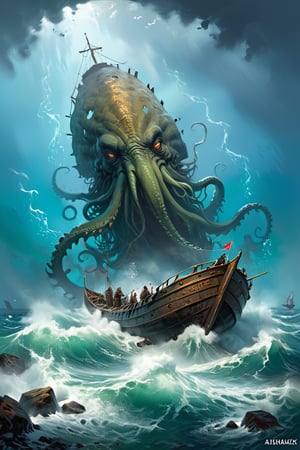 Impressionist painting a painting of a the kraken in a body of water,stefan koidl inspired,by Jesper Ejsing,by Ismail Inceoglu,dramatic artwork,bussiere rutkowski andreas rocha,inspired by Ismail Inceoglu,a ship lost in a storm,by Aleksander Gine,by William Bonnar,beautiful artwork,silvain sarrailh,,, (((masterpiece))),(((best quality))),((ultra-detailed)) . Loose brushwork, vibrant color, light and shadow play, captures feeling over form
,greg rutkowski,