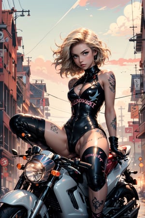 (1girl:1.2, body covered in words, words on body:1.1, tattoos of (words) on body:1.2), (masterpiece:1.4, best quality), (((pussy))) perfect skin, (((sitting on a motorbike))),  riding a motor cycle, (perfect long wavey blonde hair ), bondage, hands in front, rope, Sex, medium breasts, (intricate details), unity 8k wallpaper, ultra detailed, (pastel colors:1.3), beautiful and aesthetic, silk , detailed, solo,  nizomi,midjourney,DeepJourney, naked, ((pussy)) full body, swinging sword,  wide legs, ((((pussy)))), ((Perfect pussy))