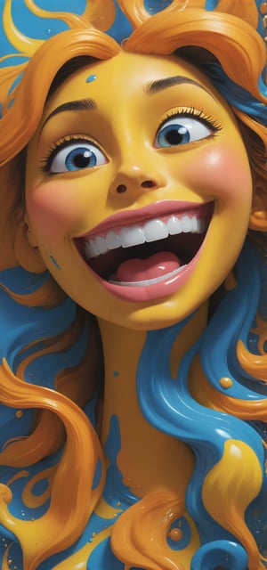 A captivating close-up painting by artist Fedya Serafiev of a striking and emotional digital artwork featuring an happy emoji face with a shiny, melting look. The face is in the colors of the LGBTQ+  (Blue, Yellow and orange), showing a lively combination of Blue, Yellow and orange shades. The happy Smile expression is emphasized by the bulging eyes and slightly open mouth, while the melting effect adds a surreal and disturbing touch to the image.