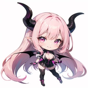 1 adult woman, Succubus, (2horns:1.2), (pink long hair, pink eyes, smile:1.4), (cleavage:1.2), (chibi, cute:1.3), 
(white background:2.0), full_body,