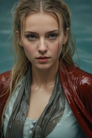 (wet clothes, wet hair, wet, wet face, wet skin,  : 1.4 ),(Chiaroscuro Solid colors background),( Beautiful wet German queen ),(greater details in definitions of face and eyes), (realistic and detailed wet skin textures), (extremely clear image, UHD, resembling realistic professional photographs, film grain), beautiful wet blonde hair,beautiful blue iris, ((wearing Baroque-style crimson dirndl ballgowns, royal cloak, clothes with vibrant colors, holding a shawl on hand, submerge,  hugging, very wet drenched hair, wet face:1.2)), infused with norwegian elements. The dress combines intricate lace and embroidery with colorful ballgown-inspired patterns. A wide obi belt cinches her waist, while puffed sleeves and delicate accessories complete the look, showcasing a striking fusion of cultures.,ct-drago
.
, soakingwetclothes, wet clothes, wet hair, Visual Anime,art_booster,anime_screencap,fake_screenshot,anime coloring