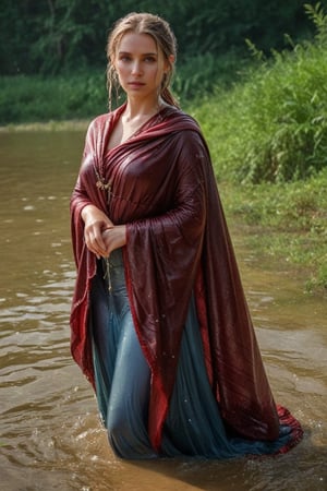 (wet clothes, wet hair, wet, wet face, wet skin, full body  : 1.4 ),(Chiaroscuro Solid colors background),( Beautiful wet German queen with a shawl on her shoulder ),(greater details in definitions of face and eyes), (realistic and detailed wet skin textures), (extremely clear image, UHD, resembling realistic professional photographs, film grain), beautiful wet blonde hair,beautiful blue iris, ((wearing Baroque-style crimson dirndl ballgowns, veiled royal cloak, clothes with vibrant colors, holding a shawl on hand, submerge,  hugging, very wet drenched hair, wet face:1.2)), infused with norwegian elements. The dress combines intricate lace and embroidery with colorful ballgown-inspired patterns. A wide obi belt cinches her waist, while puffed sleeves and delicate accessories complete the look, showcasing a striking fusion of cultures.,ct-drago
.
, soakingwetclothes, wet clothes, wet hair, Visual Anime,art_booster,anime_screencap,fake_screenshot,anime coloring