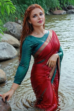 score_9,score_8_up,score_7_up, photorealistic , shot of a confident wet red-haired, portrait of an beautiful russian woman in saree, sitting on rocks near water and raindrops falling on her wet hair, blue green wet sarees with full sleeve teal wet blouse around the waist , standing pose, looking at camera, hair wet from heavy raining background, heavy leaves plants and stones behind, dramatic lighting, hyper realistic photography, cinematic shot, perfect hands highly detailed,detailed skin,highly detailed face and eyes,detailed face, detailed nose, detailed eyes,depth of field,film grain,backlighting, Neutral-Density-Filter, flawless clarity, brightly lit,,crystalz,Decora_SWstyle,art_booster, ((russian, wet clothes, wet hair, wet skin, wet_clothes,soakingwetclothes:1.3)),beautiful,indian,saree influencer,saree model,ultra realistic,real face