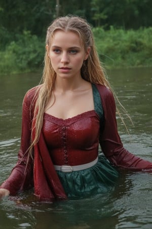 (wet clothes, wet hair, wet, wet face, wet skin,  : 1.4 ),(Chiaroscuro Solid colors background),( Beautiful wet German queen ),(greater details in definitions of face and eyes), (realistic and detailed wet skin textures), (extremely clear image, UHD, resembling realistic professional photographs, film grain), beautiful wet blonde hair,beautiful blue iris, ((wearing Baroque-style crimson dirndl ballgowns, royal cloak, clothes with vibrant colors, holding a shawl on hand, submerge,  hugging, very wet drenched hair, wet face:1.2)), infused with norwegian elements. The dress combines intricate lace and embroidery with colorful ballgown-inspired patterns. A wide obi belt cinches her waist, while puffed sleeves and delicate accessories complete the look, showcasing a striking fusion of cultures.,ct-drago
.
, soakingwetclothes, wet clothes, wet hair, Visual Anime,art_booster,anime_screencap,fake_screenshot,anime coloring