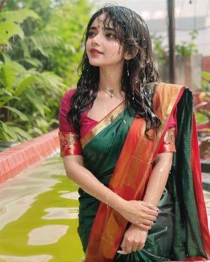 a bride in a saree with a necklace on her neck, a character portrait by Manjit Bawa, behance contest winner, bengal school of art, slight smile, happy, studio portrait, maximalist, studio photography,
, featured on instagram, samikshavad, elegant, rich color palette, 1920s

  ((wet clothes, wet hair, bathing in water, face focused, skin pores, sleeve blouse, saree , detail face, heavy rain )),wet hair,girl wearing indian saree,aliabhatt,SoakingWetClothes