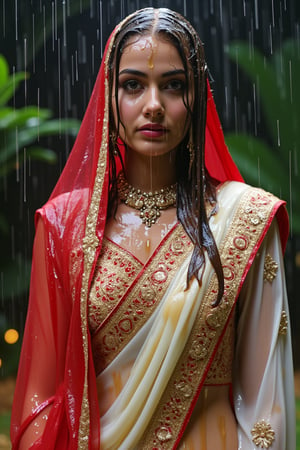 (wet clothes, wet hair, wet face, wet skin, slimy clothes, slimy skin, slimy hair ) 

(wet clothes, wet hair, wet face, wet skin, slimy hair, slimy skin, slimy clothes) 

torrential rain, face focused, damp, a drenched Bride in a richly embroidered white bridal saree paired by red bridal veil and jewelry drenched, adorned with intricate gold patterns. She also wears a full sleeve long blouse with intricate design.  dress looks clingy, wrinkled or limp, and glossy, with fabric adhering closely to the skin due to the weight of the water. water changes its reflectivity. soft lighting, a celebratory atmosphere despite the rain. water cascading clothes hair skin. darker and shinier fabric texture in rain.



4K, RAW, masterpiece, soakingwetclothes, wetlook, high definition, wet fashion photography.,Fetishwet,FluxGothicRealnime,Wetfetish