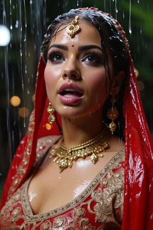 (wet clothes, wet hair, wet face, wet skin, slimy clothes, slimy skin, slimy hair ) 

(wet clothes, wet hair, wet face, wet skin, slimy hair, slimy skin, slimy clothes) 

torrential rain, face focused, damp, a drenched Bride in a richly embroidered white bridal saree paired by red bridal veil and jewelry drenched, adorned with intricate gold patterns.dress looks clingy, wrinkled or limp, and glossy, with fabric adhering closely to the skin due to the weight of the water. water changes its reflectivity. soft lighting, a celebratory atmosphere despite the rain. water cascading clothes hair skin. darker and shinier fabric texture in rain.



4K, RAW, masterpiece, soakingwetclothes, wetlook, high definition, wet fashion photography.,Fetishwet,FluxGothicRealnime,Wetfetish