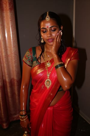 detailed soaking wet indian woman in her 20s wearing wet slimy indian bridal saree and jewelery , detailed wet slimy red bridal saree, detailed gold jewelery , full body image . The soft light illuminates the left side of the frame, casting a flattering glow on her serene expression.,Fetishwet,Wet,covered in oil,covered in mud,wam,wet clothes,pouring oil,wetlook,pouring oil, the girl is completely doused with transparent slimes, 