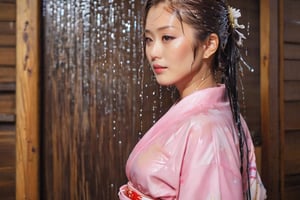 photo of japanese idol, looking away, kimono,   (((wet clothes, wet hair, wet skin, wet, soaked, clothes cling to skin:1.2)),soakingwetclothes