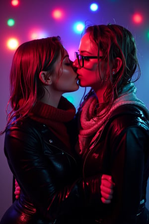 art by ilya kuvshinov and Yanjun Cheng, art by brandon woelfel, instagram photo of, (lesbians, kiss:1.1) , Iphone X, Selective focus, Vibrant Color, bokeh, lights in the background, geeky, feminine, high contrast, dark background, soft color scheme, messy hair, dressed up as nerds, wet heavy jackets and wet scarf. wet, soakingwet, 
.,Fetishwet,wet_hair,Wet,covered in oil,covered in mud,wam,wet clothes,pouring oil,wetlook,pouring oil, 