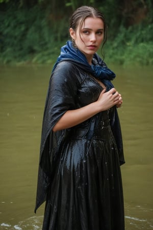 (wet clothes, wet hair, wet, wet face, wet skin, full body  : 1.4 ),(Chiaroscuro Solid colors background),( Beautiful wet German queen with a shawl on her shoulder ),(greater details in definitions of face and eyes), (realistic and detailed wet skin textures), (extremely clear image, UHD, resembling realistic professional photographs, film grain), beautiful wet blonde hair,beautiful blue iris, ((wearing Baroque-style crimson dirndl ballgowns, veiled royal cloak, clothes with vibrant colors, holding a shawl on hand, submerge,  hugging, very wet drenched hair, wet face:1.2)), infused with norwegian elements. The dress combines intricate lace and embroidery with colorful ballgown-inspired patterns. A wide obi belt cinches her waist, while puffed sleeves and delicate accessories complete the look, showcasing a striking fusion of cultures.,ct-drago
.
, soakingwetclothes, wet clothes, wet hair, Visual Anime,art_booster,anime_screencap,fake_screenshot,anime coloring