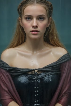 (wet clothes, wet hair, wet, wet face, wet skin,  : 1.4 ),(Chiaroscuro Solid colors background),( Beautiful wet German queen ),(greater details in definitions of face and eyes), (realistic and detailed wet skin textures), (extremely clear image, UHD, resembling realistic professional photographs, film grain), beautiful wet blonde hair,beautiful blue iris, ((wearing Baroque-style crimson dirndl ballgowns, royal cloak, clothes with vibrant colors, holding a shawl on hand, submerge,  hugging, very wet drenched hair, wet face:1.2)), infused with norwegian elements. The dress combines intricate lace and embroidery with colorful ballgown-inspired patterns. A wide obi belt cinches her waist, while puffed sleeves and delicate accessories complete the look, showcasing a striking fusion of cultures.,ct-drago
.
, soakingwetclothes, wet clothes, wet hair, Visual Anime,art_booster,anime_screencap,fake_screenshot,anime coloring