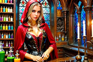 1 girl, 50 mm lens, Photorealistic, Award Winning, Ultra Realistic, 8k, of a 25 years old good sweet wet girl preparing potions in her study. She has wet blonde hair and wears a wet medieval red dress with wet hood and wet tippet, richly silver embroidered. Medieval atmosphere. On background we see colourful stained glasses window lighting an old castle room, (many bright colored potion ampoules:1.4) on the shelves. Masterpiece, ultra highly detailed, Dynamic Poses, Alluring, Amazing, Excellent, Detailed Face, Beautiful Symmetric Eyes, Heavenly, Very Refined, dark golden light,digital painting,crystalz,Decora_SWstyle,art_booster, wet clothes, wet hair, wet skin, wet_clothes,soakingwetclothes