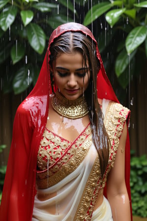 (wet clothes, wet hair, wet face, wet skin, slimy clothes, slimy skin, slimy hair ) 

(wet clothes, wet hair, wet face, wet skin, slimy hair, slimy skin, slimy clothes) 

torrential rain, face focused, damp, a drenched Bride in a richly embroidered white bridal saree paired by red bridal veil and jewelry drenched, adorned with intricate gold patterns.dress looks clingy, wrinkled or limp, and glossy, with fabric adhering closely to the skin due to the weight of the water. water changes its reflectivity. soft lighting, a celebratory atmosphere despite the rain. water cascading clothes hair skin. darker and shinier fabric texture in rain.



4K, RAW, masterpiece, soakingwetclothes, wetlook, high definition, wet fashion photography.,Fetishwet,FluxGothicRealnime,Wetfetish