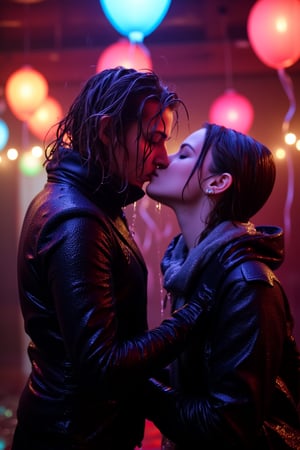 art by ilya kuvshinov and Yanjun Cheng, art by brandon woelfel, instagram photo of, (lesbians, kiss:1.1) , Iphone X, Selective focus, Vibrant Color, bokeh, lights in the background, geeky, feminine, high contrast, dark background, soft color scheme, messy hair, dressed up as nerds, wet heavy jackets and wet scarf. shampoo in hair. suds flowing through the body.  wet, soakingwet, 
.,Fetishwet,wet_hair,Wet,covered in oil,covered in mud,wam,wet clothes,pouring oil,wetlook,pouring oil, 