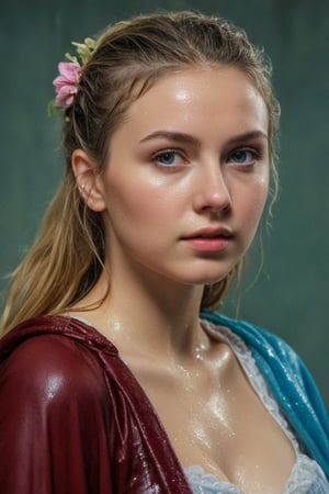 (wet clothes, wet hair, wet, wet face, wet skin,  : 1.4 ),(Chiaroscuro Solid colors background),( Beautiful wet German queen ),(greater details in definitions of face and eyes), (realistic and detailed wet skin textures), (extremely clear image, UHD, resembling realistic professional photographs, film grain), beautiful wet blonde hair,beautiful blue iris, ((wearing Baroque-style crimson dirndl ballgowns, royal cloak, clothes with vibrant colors, holding a shawl on hand, submerge,  hugging, very wet drenched hair, wet face:1.2)), infused with norwegian elements. The dress combines intricate lace and embroidery with colorful ballgown-inspired patterns. A wide obi belt cinches her waist, while puffed sleeves and delicate accessories complete the look, showcasing a striking fusion of cultures.,ct-drago
.
, soakingwetclothes, wet clothes, wet hair, Visual Anime,art_booster,anime_screencap,fake_screenshot,anime coloring