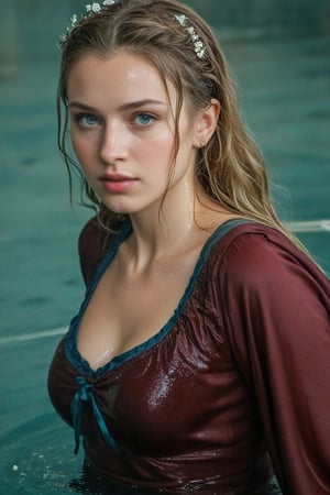 (wet clothes, wet hair, wet, wet face, wet skin,  : 1.4 ),(Chiaroscuro Solid colors background),( Beautiful wet German queen ),(greater details in definitions of face and eyes), (realistic and detailed wet skin textures), (extremely clear image, UHD, resembling realistic professional photographs, film grain), beautiful wet blonde hair,beautiful blue iris, ((wearing Baroque-style crimson dirndl ballgowns, royal cloak, clothes with vibrant colors, holding a shawl on hand, submerge,  hugging, very wet drenched hair, wet face:1.2)), infused with norwegian elements. The dress combines intricate lace and embroidery with colorful ballgown-inspired patterns. A wide obi belt cinches her waist, while puffed sleeves and delicate accessories complete the look, showcasing a striking fusion of cultures.,ct-drago
.
, soakingwetclothes, wet clothes, wet hair, Visual Anime,art_booster,anime_screencap,fake_screenshot,anime coloring