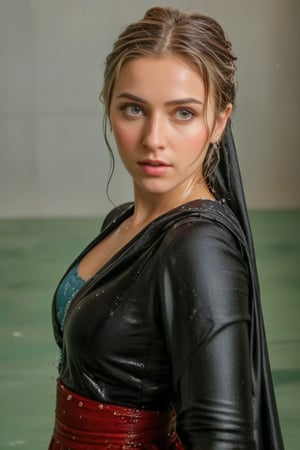 (wet clothes, wet hair, wet, wet face, wet skin,  : 1.4 ),(Chiaroscuro Solid colors background),( Beautiful wet German queen covered by a shawl on her shoulder ),(greater details in definitions of wet face and eyes), (realistic and detailed wet skin textures), (extremely clear image, UHD, resembling realistic professional photographs, film grain), beautiful wet blonde hair,beautiful blue iris, ((wearing wet Baroque-style crimson dirndl ballgowns partly covered by wet shawl,clothes with vibrant colors, , submerge,  hugging, very wet drenched hair, wet face:1.2)), infused with norwegian elements. The dress combines intricate lace and embroidery with colorful ballgown-inspired patterns. A wide obi belt cinches her waist, while puffed sleeves and delicate accessories complete the look, showcasing a striking fusion of cultures.,ct-drago
.
, soakingwetclothes, wet clothes, wet hair, Visual Anime,art_booster,anime_screencap,fake_screenshot,anime coloring,Pakistani dress,indian, Indian beauty