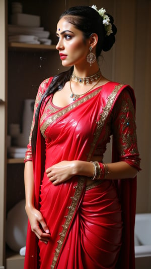 (Highest quality, Ultra HD, 16k, Masterpiece, wet clothes, wet hair, wet skin,slimy clothes, slimy hair, slimy skin:1.4), A soaking wet woman wearing a wet traditional red saree adorned with heavy intricate gold embroidery stands elegantly. On her left shoulders she wears the saree and one her left shoulder she wears a wet red designer shawl . She also wears a wet full sleeve blouse. The wet saree clings to her body, highlighting the delicate fabric design and the elegance of the wet full sleeve blouse. Her wet stylised hair is neatly tied back,s.. She has a stylish wet bun decorated with small white flowers and wears stunning jewelry, including large earrings and a layered necklace featuring blue stones. Her makeup highlights her features, with a delicate bindi on her wet forehead. She poses gracefully, with one hand resting on her waist, showcasing ornate bangles. The background is softly blurred, enhancing the overall focus on her attire and beauty.. Her hair, clothes and skin are comlpletely wet. her wet clothes cling to her body. suds flowing through the body.,Fetishwet,Wet,covered in oil,covered in mud,wam,pouring oil,wetlook,pouring oil,Enhanced all