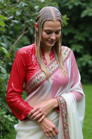 (wet clothes, wet hair, wet face, wet skin, slimy clothes, slimy skin, slimy hair ) 

(wet clothes, wet hair, wet face, wet skin, slimy hair, slimy skin, slimy clothes) 

A cinematic image of a soaking wet slim middle-aged norwegian woman, dressed in wet traditional full-sleeve red cotton blouse with embroidery and wet white heavy embroidered silk saree. She is standing outdoors , her entire outfit wet as water flowing down her body. The wet full-sleeve red cotton blouse clings tightly to her arms, highlighting its soft, textured fabric. The white saree, equally soaked, drapes beautifully along her form, the delicate embroidery on the saree shimmering as it absorbs the water. Wetness trickle down her face and long, wet hair, which is pulled back, creating a glistening effect under the soft, overcast light. Her posture is graceful and serene, , natural setting. The vibrant red of her blouse contrasts with the soft white of her saree, making the scene visually striking. Wetness shimmer on her wet clothes, capturing every detail in high definition. 4K, RAW, masterpiece, soakingwetclothes, wetlook, high definition, rain, nature, traditional fashion, wet saree, wet fashion photography, full sleeve wet blouse. Her dress looks clingy and glossy, with fabric adhering closely to the skin due to the weight of the water. darker and shinier fabric texture in rain.



4K, RAW, masterpiece, soakingwetclothes, wetlook, high definition, wet fashion photography.,Fetishwet,FluxGothicRealnime,Wetfetish