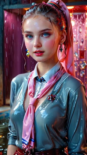 heavy rain, A mesmerizing, ultra-realistic 8K photo captures the essence of a young woman dressed in a British school uniform, draped with a shawl, wearing a wet and glistening pink ponytail hairstyle. The subject exudes a charming wet smile as she dons a Tie, wet uniform sweater, and a wet shawl, all set against a cinematic backdrop. The model's icy eyes and pale wet skin contrast with her ruby wet necklace and bracelet, creating a captivating visual. This stunning masterpiece, with its high contrast and vibrant color, is rendered with exquisite details and textures in a cinematic shot, showcasing the artist's exceptional skill. The image is bathed in warm tones, with a bright and intense atmosphere, and is trending on ArtStation, making it a standout piece