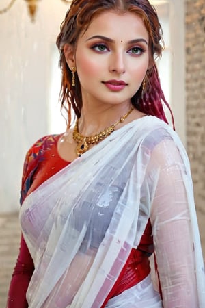 score_9,score_8_up,score_7_up, photorealistic , shot of a confident wet red-haired, portrait of an beautiful russian woman in saree, wet designed saree,  designer saree, white tiled background,  perfect hands highly detailed,detailed skin,highly detailed face and eyes,detailed face, detailed nose, detailed eyes,depth of field,film grain,backlighting, Neutral-Density-Filter, flawless clarity, brightly lit,,crystalz,Decora_SWstyle,art_booster, ((russian, ocaen shade patterened saree, full sleeve, wet clothes, wet hair, wet skin, wet_clothes, soaked hair, drenched hair, necklace, bracelet, wet clothes cling to body, wet clothes pattern, soakingwetclothes:1.3)),beautiful,indian,saree influencer,saree model,ultra realistic,real face