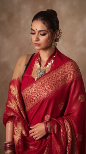 (Highest quality, Ultra HD, 16k, Masterpiece, wet clothes, wet hair, wet skin,slimy clothes, slimy hair, slimy skin, shawl on right shoulder:1.4), A soaking wet woman wearing a wet traditional red saree adorned with intricate gold embroidery stands elegantly, paired with a high neck wet long-sleeve blouse. Her wet stylised hair is neatly tied back,s. She has a stylish soaking wet slimy bun decorated with small white flowers and wears stunning jewelry, including large earrings and a layered necklace featuring blue stones. Her makeup highlights her features, with a delicate bindi on her wet forehead. She poses gracefully, with one hand resting on her waist, showcasing ornate bangles. The background is softly blurred, enhancing the overall focus on her attire and beauty.. Her hair, clothes and skin are comlpletely wet. her wet clothes cling to her body. suds flowing through the body.,Fetishwet,Wet,covered in oil,covered in mud,wam,pouring oil,wetlook,pouring oil, 