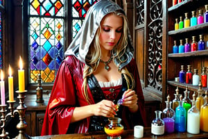 1 girl, 50 mm lens, Photorealistic, Award Winning, Ultra Realistic, 8k, of a 25 years old good sweet wet girl preparing potions in her study. She has wet blonde hair and wears a wet medieval red dress with wet hood and wet tippet, richly silver embroidered. Medieval atmosphere. On background we see colourful stained glasses window lighting an old castle room, (many bright colored potion ampoules:1.4) on the shelves. Masterpiece, ultra highly detailed, Dynamic Poses, Alluring, Amazing, Excellent, Detailed Face, Beautiful Symmetric Eyes, Heavenly, Very Refined, dark golden light,digital painting,crystalz,Decora_SWstyle,art_booster, wet clothes, wet hair, wet skin, wet_clothes,soakingwetclothes