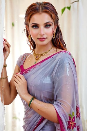 score_9,score_8_up,score_7_up, photorealistic , shot of a confident wet red-haired, portrait of an beautiful russian woman in saree, wet designed saree,  designer saree, white tiled background,  perfect hands highly detailed,detailed skin,highly detailed face and eyes,detailed face, detailed nose, detailed eyes,depth of field,film grain,backlighting, Neutral-Density-Filter, flawless clarity, brightly lit,,crystalz,Decora_SWstyle,art_booster, ((russian, ocaen shade patterened saree, full sleeve, wet clothes, wet hair, wet skin, wet_clothes, soaked hair, drenched hair, necklace, bracelet, wet clothes cling to body, wet clothes pattern, soakingwetclothes:1.3)),beautiful,indian,saree influencer,saree model,ultra realistic,real face