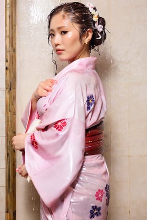 photo of japanese idol, looking away, kimono,   (((wet clothes, wet hair, wet skin, wet, soaked, clothes cling to skin:1.2)),soakingwetclothes