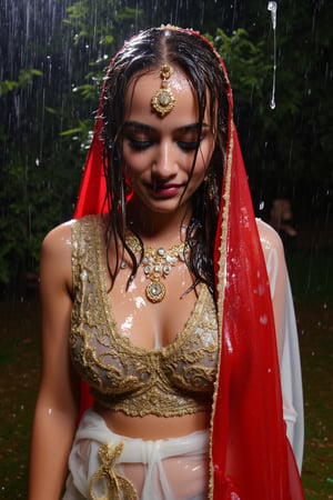 (wet clothes, wet hair, wet face, wet skin, slimy clothes, slimy skin, slimy hair ) 

(wet clothes, wet hair, wet face, wet skin, slimy hair, slimy skin, slimy clothes) 

torrential rain, face focused, damp, a drenched Bride in a richly embroidered white bridal saree paired by red bridal veil and jewelry drenched, adorned with intricate gold patterns.dress looks clingy, wrinkled or limp, and glossy, with fabric adhering closely to the skin due to the weight of the water. water changes its reflectivity. soft lighting, a celebratory atmosphere despite the rain. water cascading clothes hair skin. darker and shinier fabric texture in rain.



4K, RAW, masterpiece, soakingwetclothes, wetlook, high definition, wet fashion photography.,Fetishwet,FluxGothicRealnime,Wetfetish