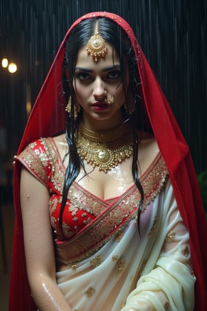 (wet clothes, wet hair, wet face, wet skin, slimy clothes, slimy skin, slimy hair ) 

(wet clothes, wet hair, wet face, wet skin, slimy hair, slimy skin, slimy clothes) 

torrential rain, face focused, damp, a drenched Bride in a richly embroidered white bridal saree paired by red bridal veil and jewelry drenched, adorned with intricate gold patterns. She also wears a full sleeve long blouse with intricate design.  dress looks clingy, wrinkled or limp, and glossy, with fabric adhering closely to the skin due to the weight of the water. water changes its reflectivity. soft lighting, a celebratory atmosphere despite the rain. water cascading clothes hair skin. darker and shinier fabric texture in rain.



4K, RAW, masterpiece, soakingwetclothes, wetlook, high definition, wet fashion photography.,Fetishwet,FluxGothicRealnime,Wetfetish