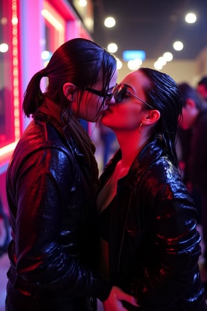 art by ilya kuvshinov and Yanjun Cheng, art by brandon woelfel, instagram photo of, (lesbians, kiss:1.1) , Iphone X, Selective focus, Vibrant Color, bokeh, lights in the background, geeky, feminine, high contrast, dark background, soft color scheme, messy hair, dressed up as nerds, wet heavy jackets and wet scarf. shampoo in hair. suds flowing through the body.  wet, soakingwet, 
.,Fetishwet,wet_hair,Wet,covered in oil,covered in mud,wam,wet clothes,pouring oil,wetlook,pouring oil, 