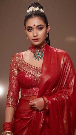 (Highest quality, Ultra HD, 16k, Masterpiece, wet clothes, wet hair, wet skin,slimy clothes, slimy hair, slimy skin, shawl on right shoulder:1.4), A soaking wet woman wearing a wet traditional red saree adorned with intricate gold embroidery stands elegantly, paired with a high neck wet long-sleeve blouse. Her wet stylised hair is neatly tied back,s. She has a stylish soaking wet slimy bun decorated with small white flowers and wears stunning jewelry, including large earrings and a layered necklace featuring blue stones. Her makeup highlights her features, with a delicate bindi on her wet forehead. She poses gracefully, with one hand resting on her waist, showcasing ornate bangles. The background is softly blurred, enhancing the overall focus on her attire and beauty.. Her hair, clothes and skin are comlpletely wet. her wet clothes cling to her body. suds flowing through the body.,Fetishwet,Wet,covered in oil,covered in mud,wam,pouring oil,wetlook,pouring oil, 