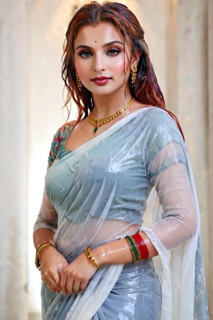 score_9,score_8_up,score_7_up, photorealistic , shot of a confident wet red-haired, portrait of an beautiful russian woman in saree, wet designed saree,  designer saree, white tiled background,  perfect hands highly detailed,detailed skin,highly detailed face and eyes,detailed face, detailed nose, detailed eyes,depth of field,film grain,backlighting, Neutral-Density-Filter, flawless clarity, brightly lit,,crystalz,Decora_SWstyle,art_booster, ((russian, ocaen shade patterened saree, full sleeve, wet clothes, wet hair, wet skin, wet_clothes, soaked hair, drenched hair, necklace, bracelet, wet clothes cling to body, wet clothes pattern, soakingwetclothes:1.3)),beautiful,indian,saree influencer,saree model,ultra realistic,real face