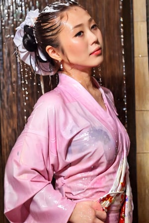 photo of japanese idol, looking away, kimono,   (((wet clothes, wet hair, wet skin, wet, soaked, clothes cling to skin:1.2)),soakingwetclothes