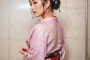 photo of japanese idol, looking away, kimono,   (((wet clothes, wet hair, wet skin, wet, soaked, clothes cling to skin:1.2)),soakingwetclothes