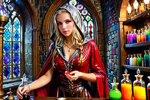 1 girl, 50 mm lens, Photorealistic, Award Winning, Ultra Realistic, 8k, of a 25 years old good sweet wet girl preparing potions in her study. She has wet blonde hair and wears a wet medieval red dress with wet hood and wet tippet, richly silver embroidered. Medieval atmosphere. On background we see colourful stained glasses window lighting an old castle room, (many bright colored potion ampoules:1.4) on the shelves. Masterpiece, ultra highly detailed, Dynamic Poses, Alluring, Amazing, Excellent, Detailed Face, Beautiful Symmetric Eyes, Heavenly, Very Refined, dark golden light,digital painting,crystalz,Decora_SWstyle,art_booster, wet clothes, wet hair, wet skin, wet_clothes,soakingwetclothes