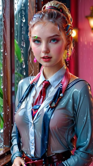 heavy rain, A mesmerizing, ultra-realistic 8K photo captures the essence of a young woman dressed in a British school uniform, draped with a shawl, wearing a wet and glistening pink ponytail hairstyle. The subject exudes a charming wet smile as she dons a Tie, wet uniform sweater, and a wet shawl, all set against a cinematic backdrop. The model's icy eyes and pale wet skin contrast with her ruby wet necklace and bracelet, creating a captivating visual. This stunning masterpiece, with its high contrast and vibrant color, is rendered with exquisite details and textures in a cinematic shot, showcasing the artist's exceptional skill. The image is bathed in warm tones, with a bright and intense atmosphere, and is trending on ArtStation, making it a standout piece