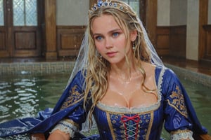 (wet clothes, wet hair, wet, wet face, wet skin,  : 1.4 ),(two Beautiful German queen ),(greater details in definitions of face and eyes), (realistic and detailed skin textures), (extremely clear image, UHD, resembling realistic professional photographs, film grain), beautiful blonde hair,beautiful blue iris, ((wearing Baroque-style dirndl ballgowns and royal cloak with vibrant colors, sitting on a throne, very wet drenched hair, wet face:1.2)), infused with norwegian elements. The dress combines intricate lace and embroidery with colorful ballgown-inspired patterns. A wide obi belt cinches her waist, while puffed sleeves and delicate accessories complete the look, showcasing a striking fusion of cultures.,ct-drago
.
, soakingwetclothes, wet clothes, wet hair, Visual Anime,art_booster,anime_screencap,fake_screenshot,anime coloring