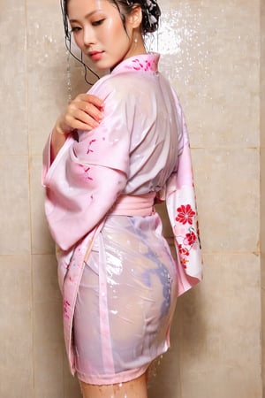 photo of japanese idol, looking away, kimono,   (((wet clothes, wet hair, wet skin, wet, soaked, clothes cling to skin:1.2)),soakingwetclothes