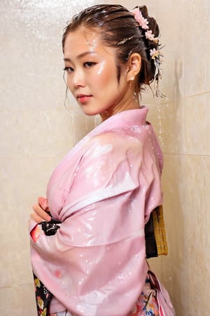 photo of japanese idol, looking away, kimono,   (((wet clothes, wet hair, wet skin, wet, soaked, clothes cling to skin:1.2)),soakingwetclothes