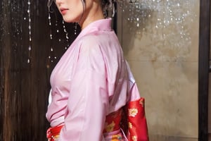 photo of japanese idol, looking away, kimono,   (((wet clothes, wet hair, wet skin, wet, soaked, clothes cling to skin:1.2)),soakingwetclothes