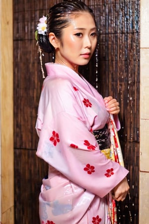 photo of japanese idol, looking away, kimono,   (((wet clothes, wet hair, wet skin, wet, soaked, clothes cling to skin:1.2)),soakingwetclothes