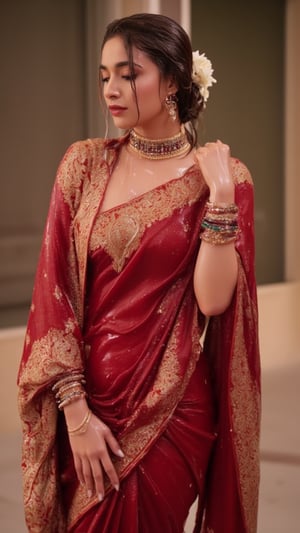 (Highest quality, Ultra HD, 16k, Masterpiece, wet clothes, wet hair, wet skin,slimy clothes, slimy hair, slimy skin, shawl on right shoulder:1.4), A soaking wet woman wearing a wet traditional red saree adorned with intricate gold embroidery stands elegantly. She has a stylish wet bun decorated with small white flowers and wears stunning jewelry, including large earrings and a layered necklace featuring blue stones. Her makeup highlights her features, with a delicate bindi on her wet forehead. She poses gracefully, with one hand resting on her waist, showcasing ornate bangles. The background is softly blurred, enhancing the overall focus on her attire and beauty.. Her hair, clothes and skin are comlpletely wet. her wet clothes cling to her body. suds flowing through the body.,Fetishwet,Wet,covered in oil,covered in mud,wam,pouring oil,wetlook,pouring oil