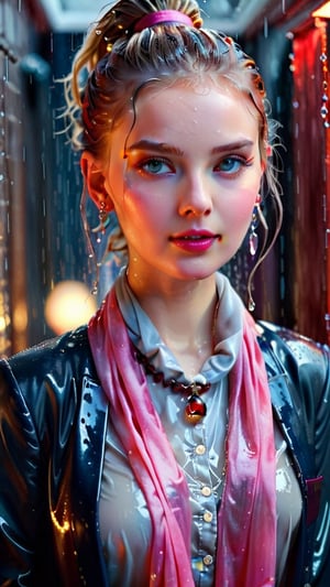 heavy rain, A mesmerizing, ultra-realistic 8K photo captures the essence of a young woman dressed in a British school uniform, draped with a shawl, wearing a wet and glistening pink ponytail hairstyle. The subject exudes a charming wet smile as she dons a woolen scarf, wet tight jacket, and a wet shawl, all set against a cinematic backdrop. The model's icy eyes and pale wet skin contrast with her ruby wet necklace and bracelet, creating a captivating visual. This stunning masterpiece, with its high contrast and vibrant color, is rendered with exquisite details and textures in a cinematic shot, showcasing the artist's exceptional skill. The image is bathed in warm tones, with a bright and intense atmosphere, and is trending on ArtStation, making it a standout piece