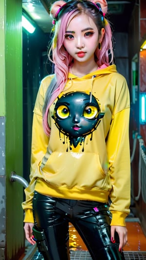 1girl, most beautiful korean girl, Korean beauty model, stunningly beautiful girl, gorgeous girl, 20yo, over sized eyes, big eyes, smiling, looking at viewer, dark gothic cyberpunk woman, defiant face, pastel colors, in clothes, colorful hair, light yellow sweatshirt, pants, black, with pink, guns hd, high detail, huoshen, TheLastOfUs, mgln,masterpiece, wet clothes, wet hair, wet skin, 
